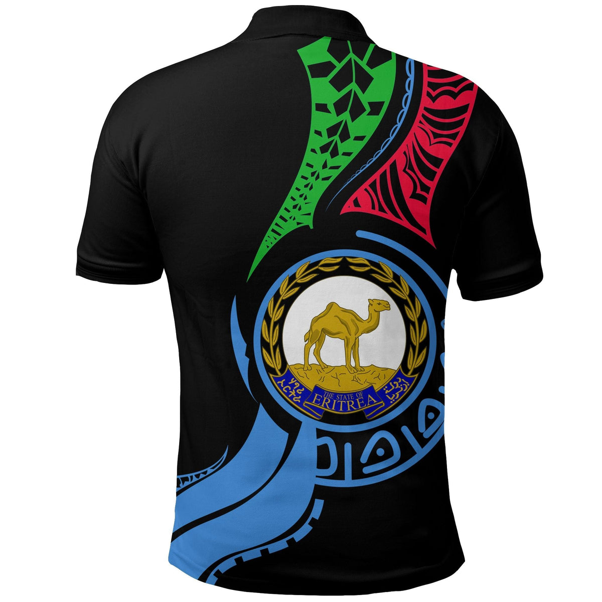 Black Eritrea polo shirt back with large crest graphic in green, red, and blue