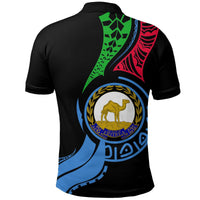 Black Eritrea polo shirt back with large crest graphic in green, red, and blue