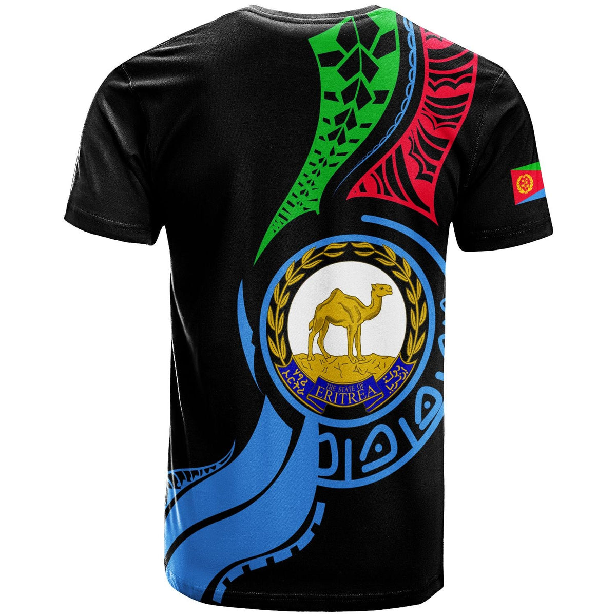 Black Eritrea pride T-shirt back graphic with flag colors and circular emblem