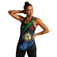 Black Pride-style women's tank top front print: circular Eritrea emblem and patterns