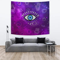 Purple tapestry with large blue evil eye and galaxy-like symbols