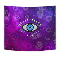 Purple evil eye tapestry close-up, central blue eye with radiant rays and stars