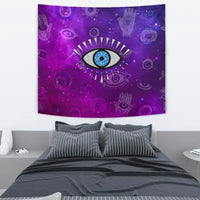 Purple evil eye tapestry with central blue eye, white rays, and assorted galaxy symbols