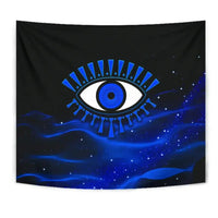 Black wall tapestry featuring centered blue evil eye with star speckles