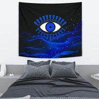 Black tapestry with blue evil eye motif and cosmic wave pattern