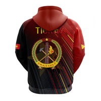Back graphic hoodie with hood, large circular crest and stripes, red/black/yellow
