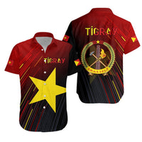 Red Hawaiian shirt with Tigray text and large yellow star pattern; black back with emblem