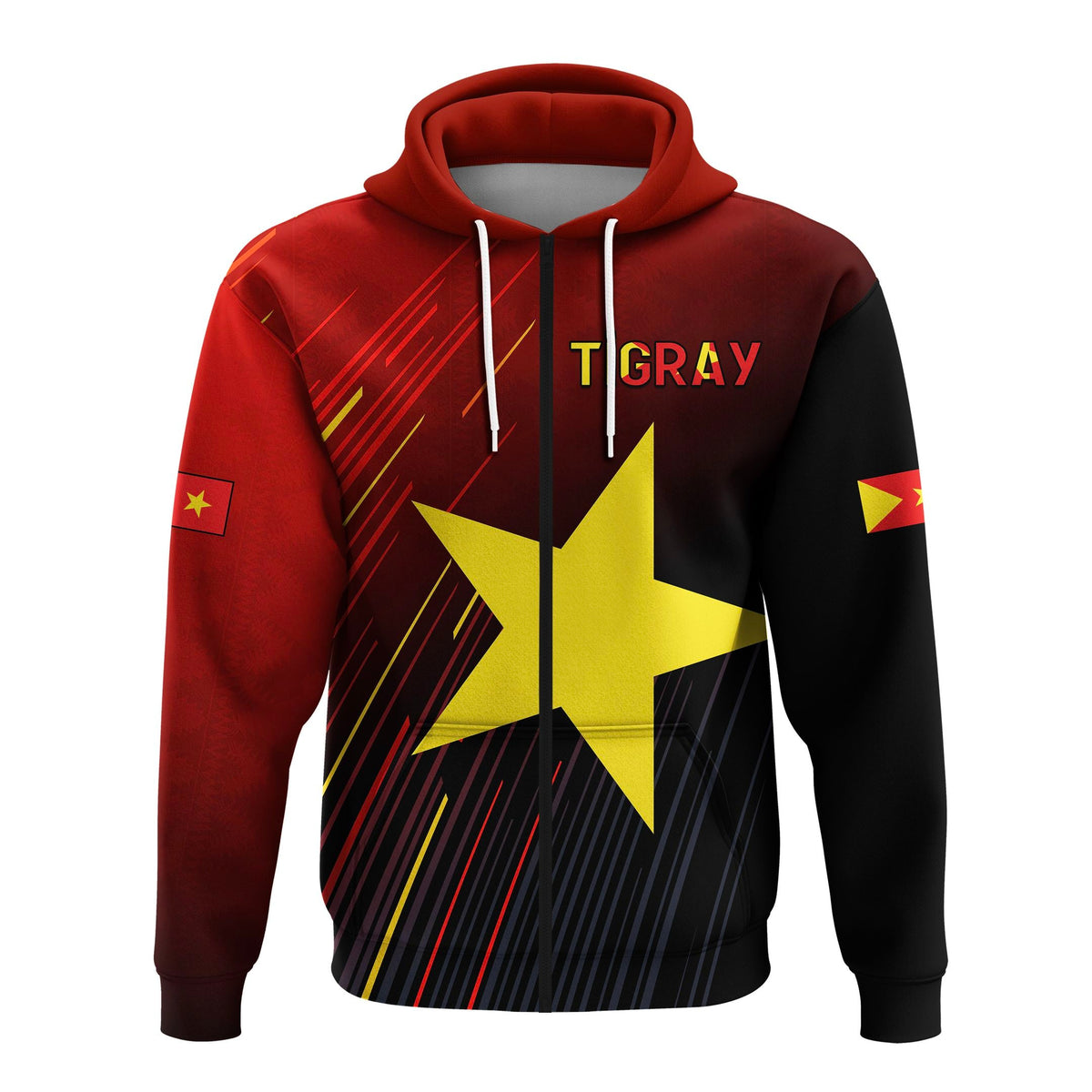 Zip hoodie with Tigray lettering and large yellow star on front, red and black panels