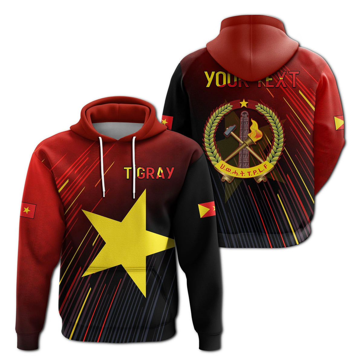 Hoodie mit Tigray-Stern- und Linienmuster, rot am Körper, schwarze Seiten/Ärmel