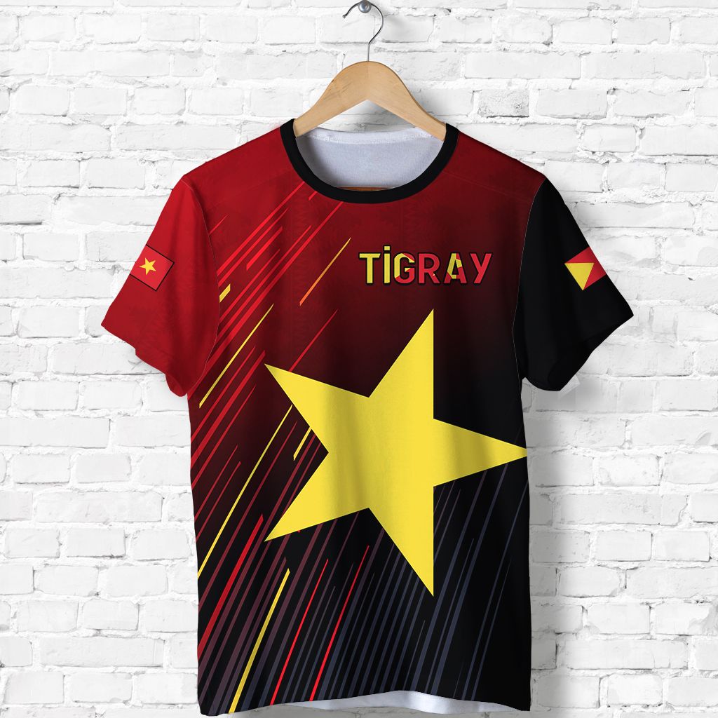 Red/black T-shirt front with TIGRAY text and large yellow star graphic
