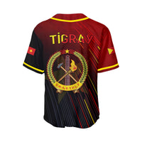 Tigray baseball jersey back graphic with crest, red and black striped pattern