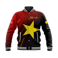 Black and red Tigray baseball jacket, striped collar, snap front, front star graphic