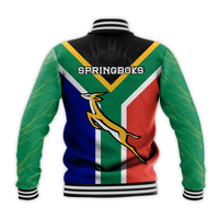 Back view: green baseball jacket with SPRINGBOKS text, tricolor chevron, striped hem