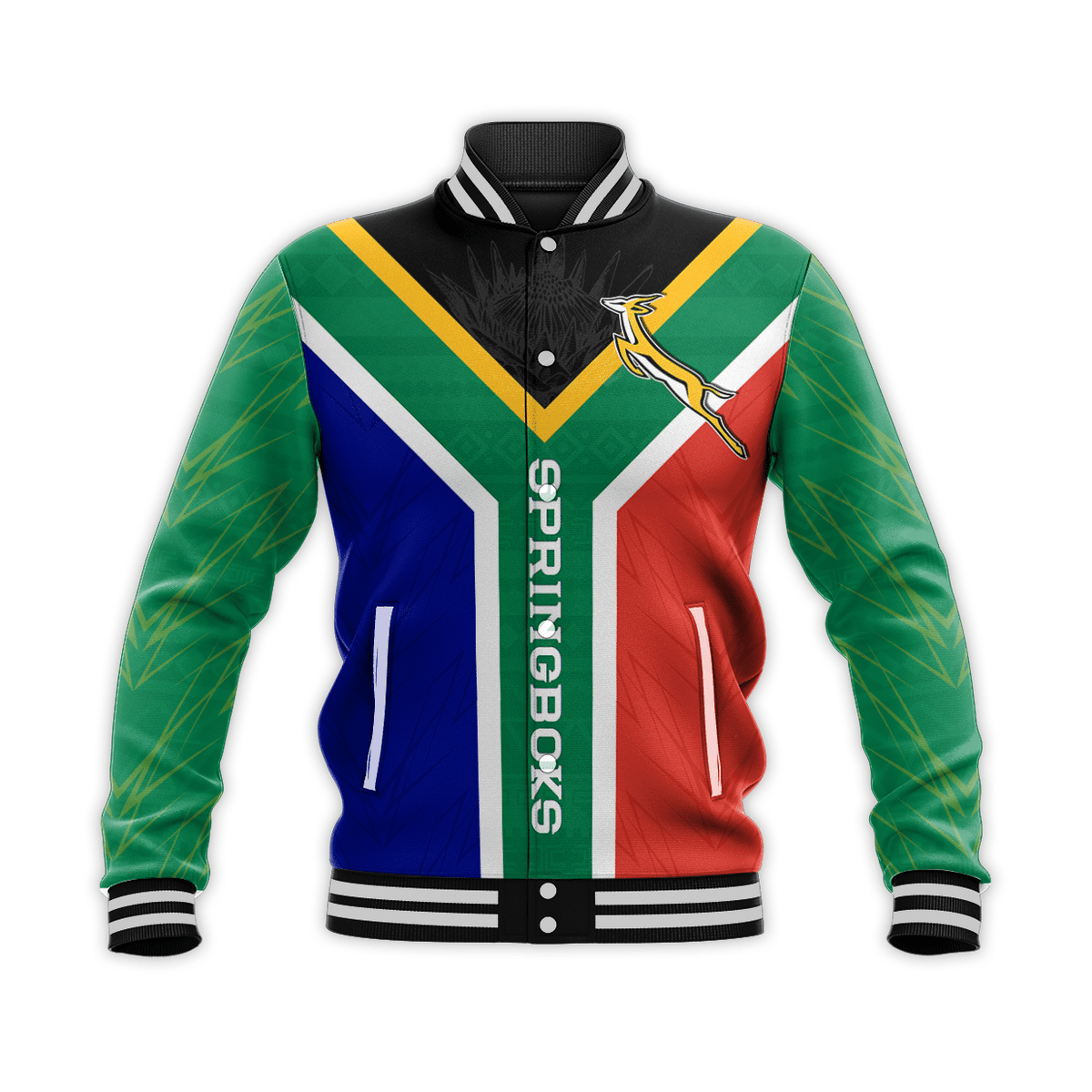 Green baseball varsity jacket with tricolor panel, black snap buttons, striped cuffs
