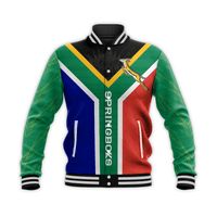 Green baseball varsity jacket with tricolor panel, black snap buttons, striped cuffs