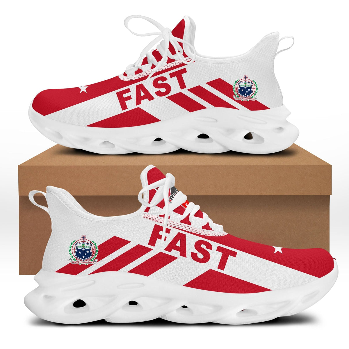 Red-and-white FAST clunky sneakers with star/flag graphic, white sole, side view