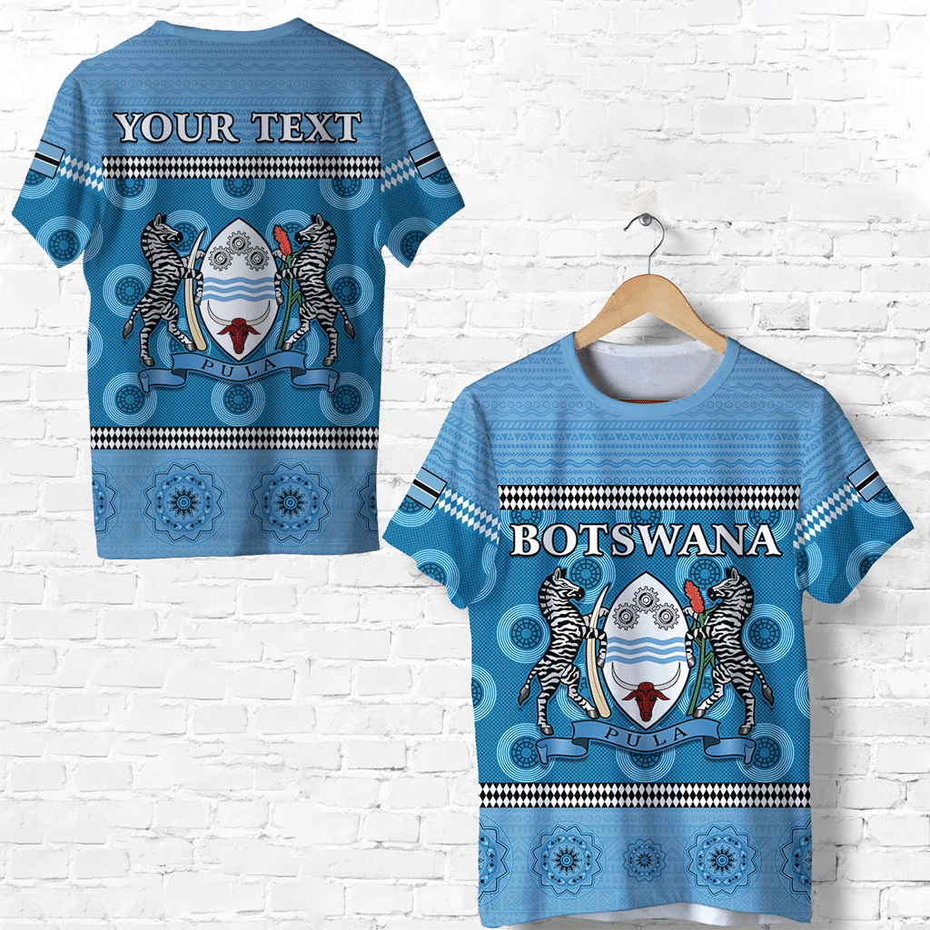 Blue T-shirt back: 'YOUR TEXT' with Botswana flag and crest pattern