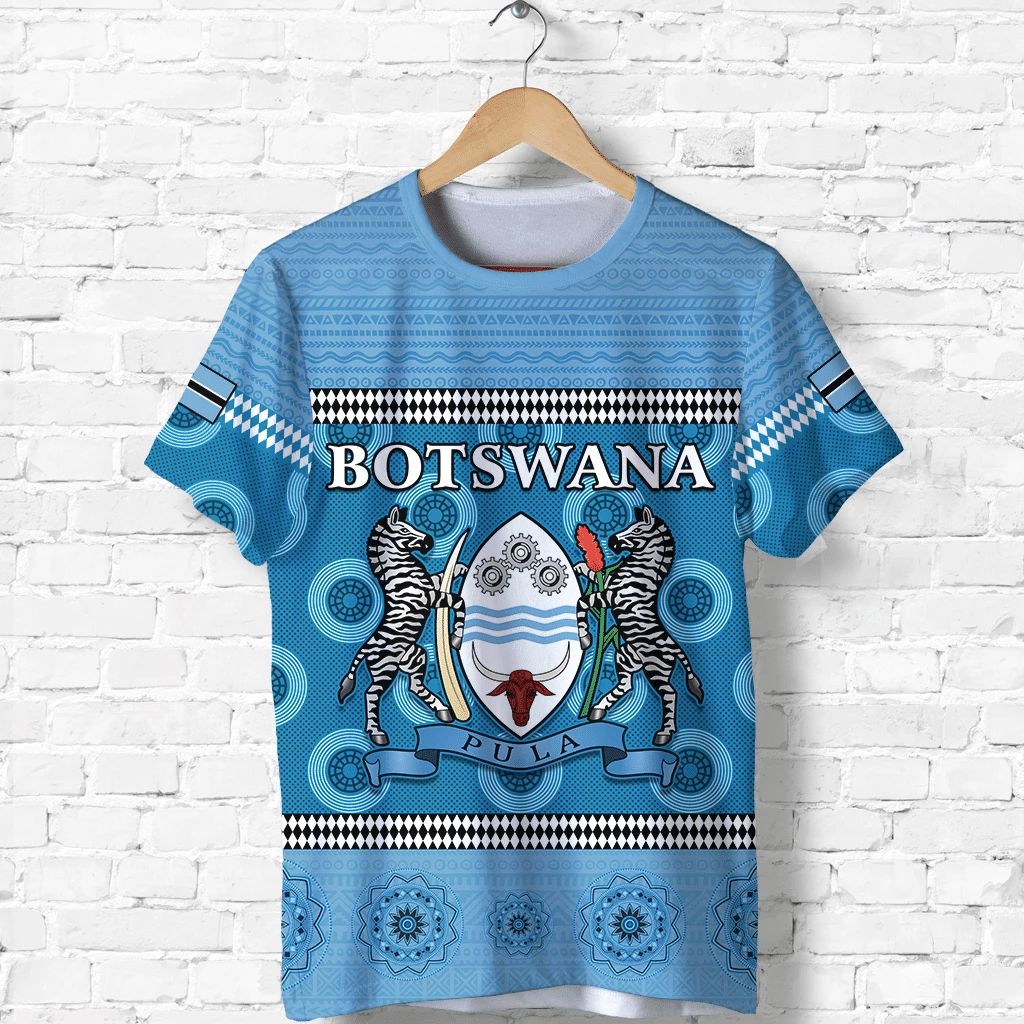 Blue Botswana T-shirt with flag, zebras, 'Pula' and patterned trim