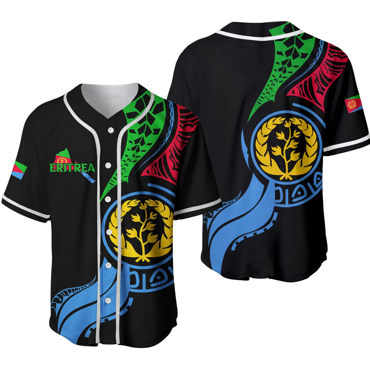 Black Eritrea baseball jersey with flag map graphic, button-up front and white trim