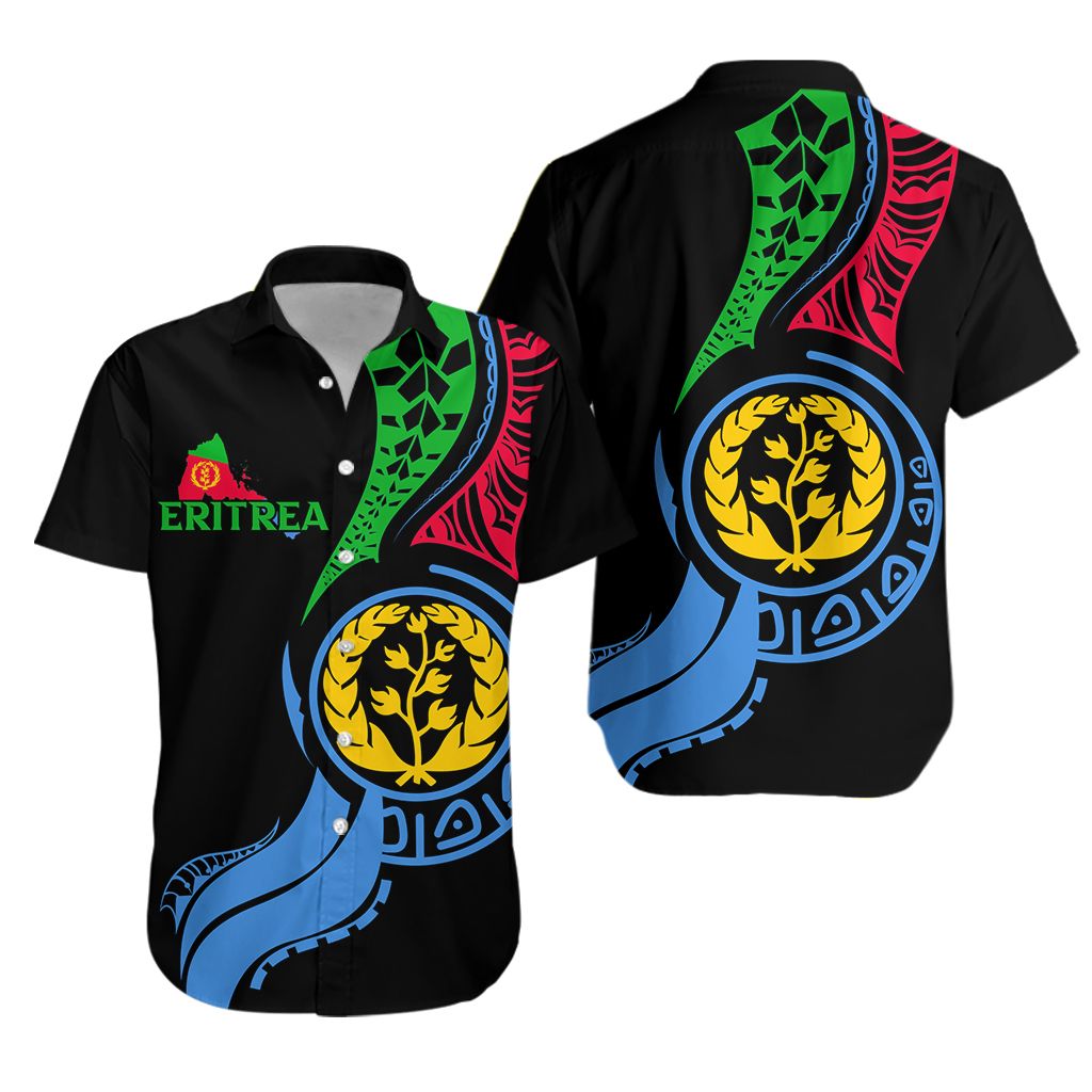 Black Eritrea flag map Hawaiian shirt, colorful crest and floral print