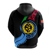 Black pullover hoodie back/side view with circular Eritrea emblem and flag-map colors