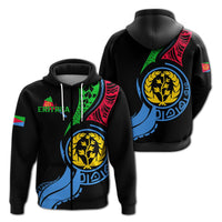 Black zip-up hoodie with Eritrea flag map graphic, colorful emblem on front pocket