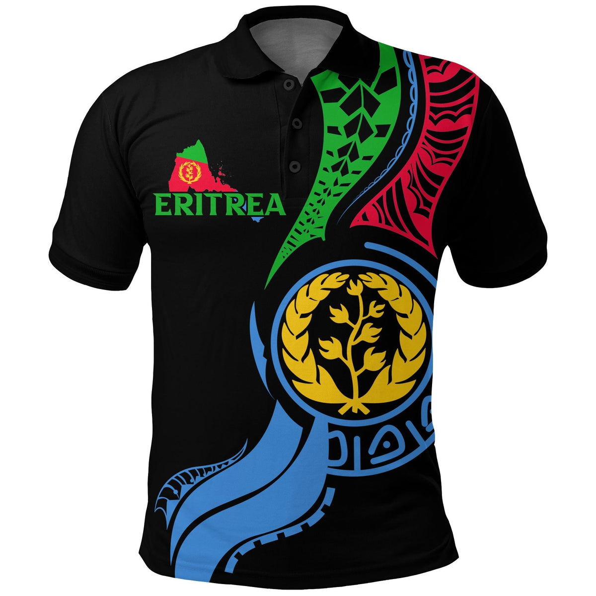 Black Eritrea polo shirt with front crest and flag map graphics