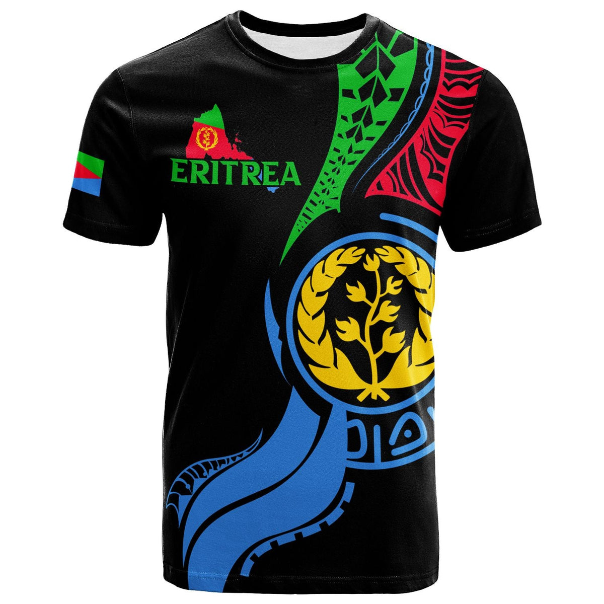Black T-shirt with Eritrea flag map print, ERITREA text and lion crest
