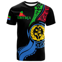 Black T-shirt with Eritrea flag map print, ERITREA text and lion crest
