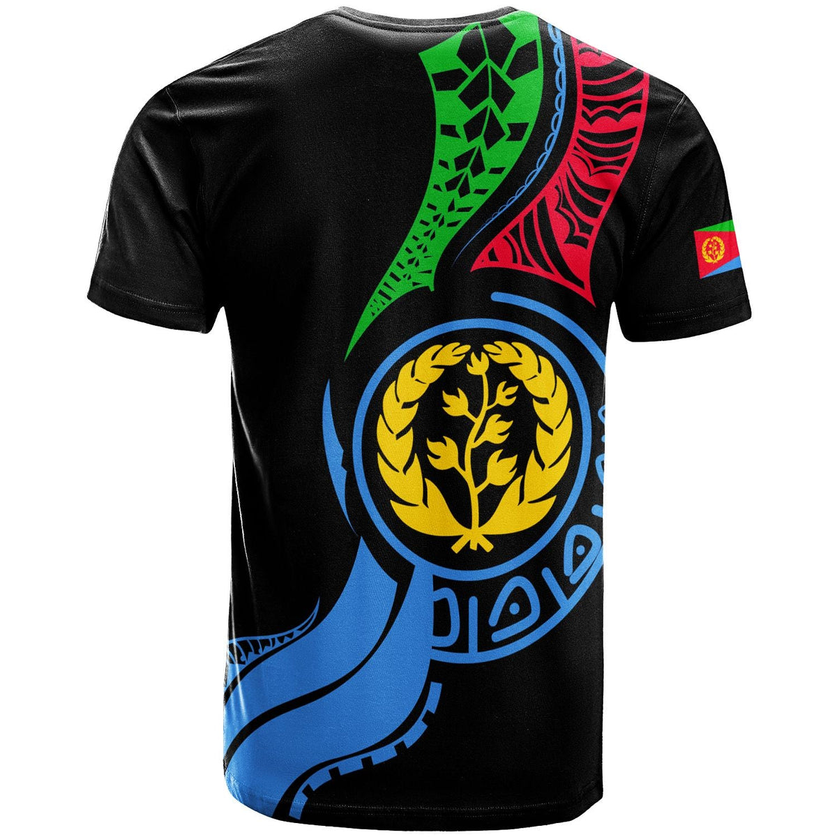 Black T-shirt with Eritrea flag map back print and lion emblem on curved ribbon