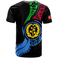 Black T-shirt with Eritrea flag map back print and lion emblem on curved ribbon