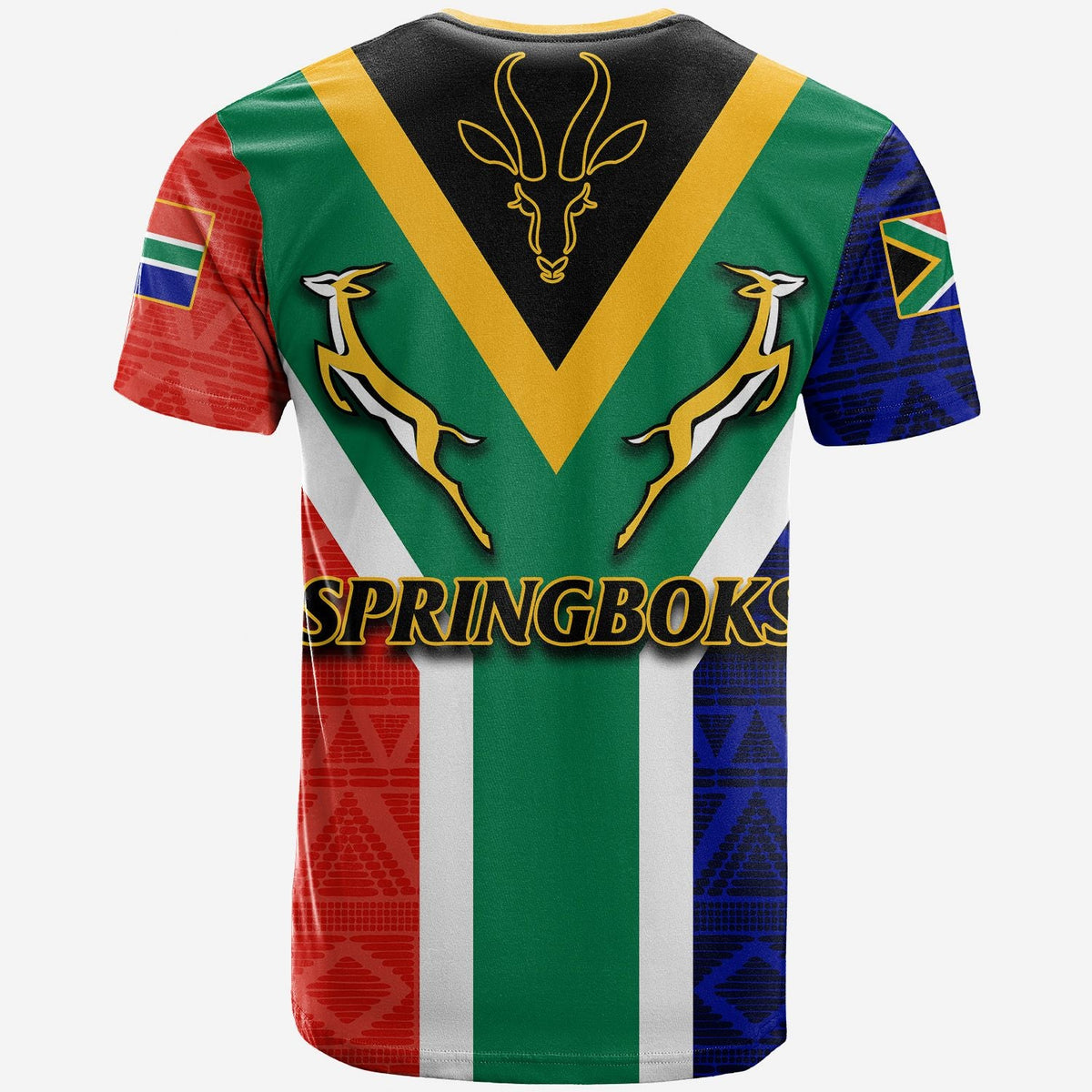 Back view black T-shirt with green V stripe, gold antelope emblem, Springboks text