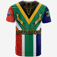 Back view black T-shirt with green V stripe, gold antelope emblem, Springboks text