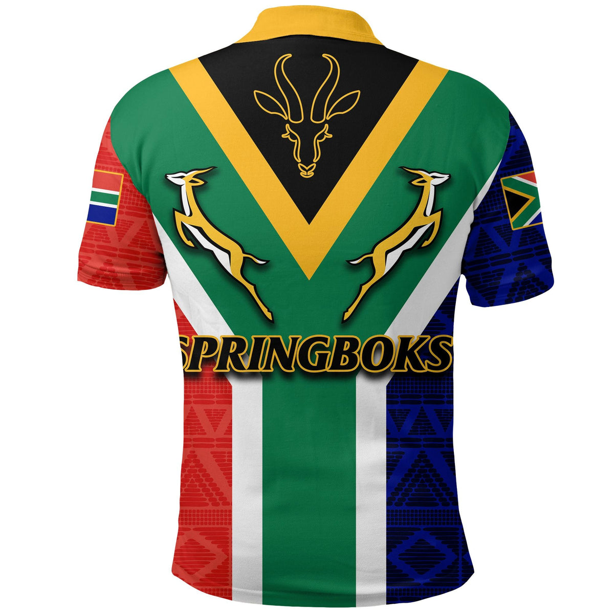 Back of green African-pattern polo with Springboks emblem and yellow V stripe