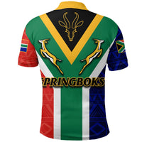 Back of green African-pattern polo with Springboks emblem and yellow V stripe