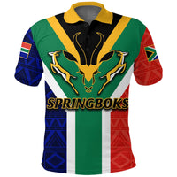 Green African-pattern polo with Springboks graphic, black collar and yellow trim