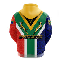 Springboks hoodie back: large logo and “SPRINGBOKS” text, multicolor African pattern
