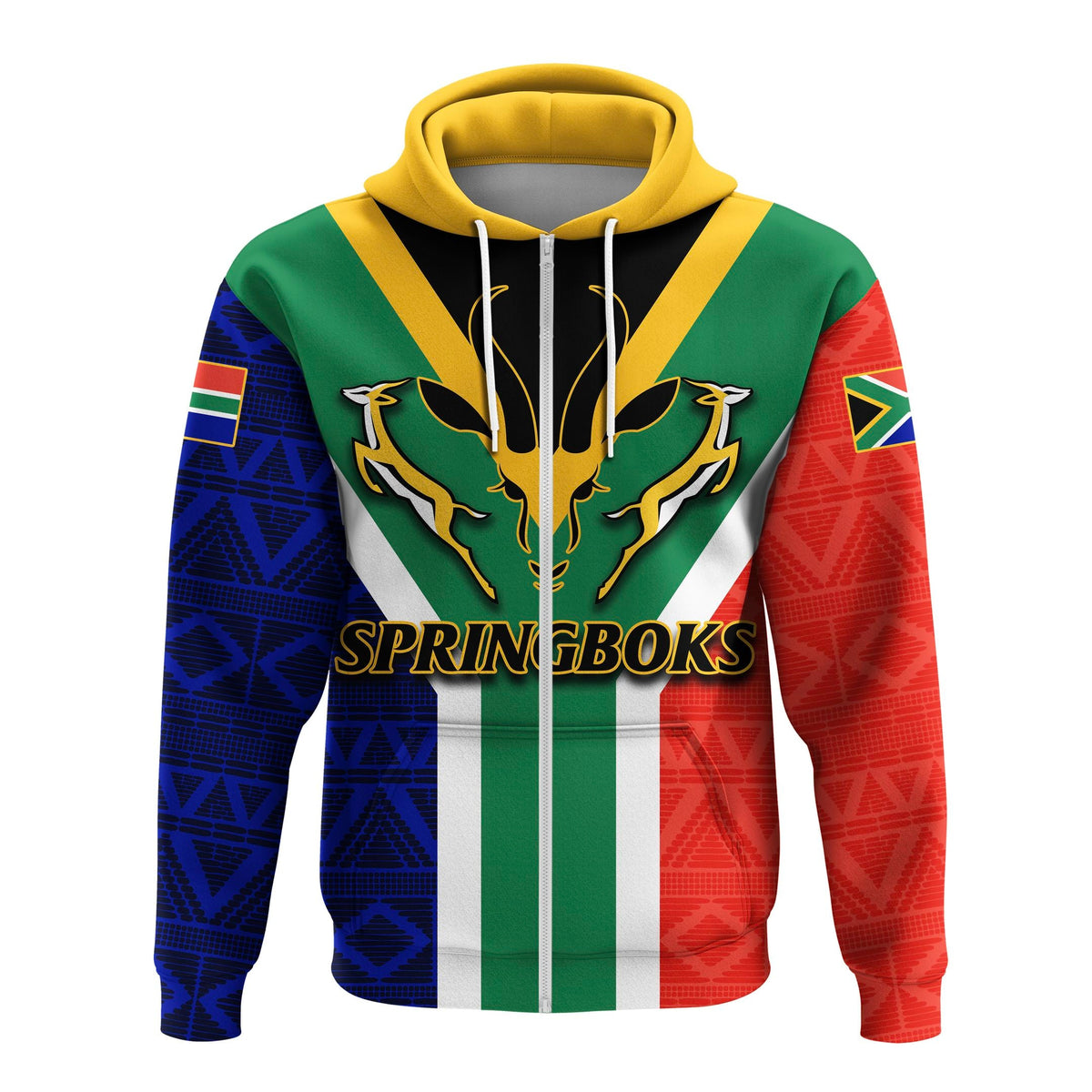 Springboks zip hoodie, multicolor African stripe and logo front with yellow hood