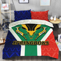 Springboks comforter with antelope head logo and blue, red, green zigzag pattern blocks