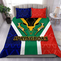Springboks bedding set: antelope logo with blue, red, green and white patterned comforter