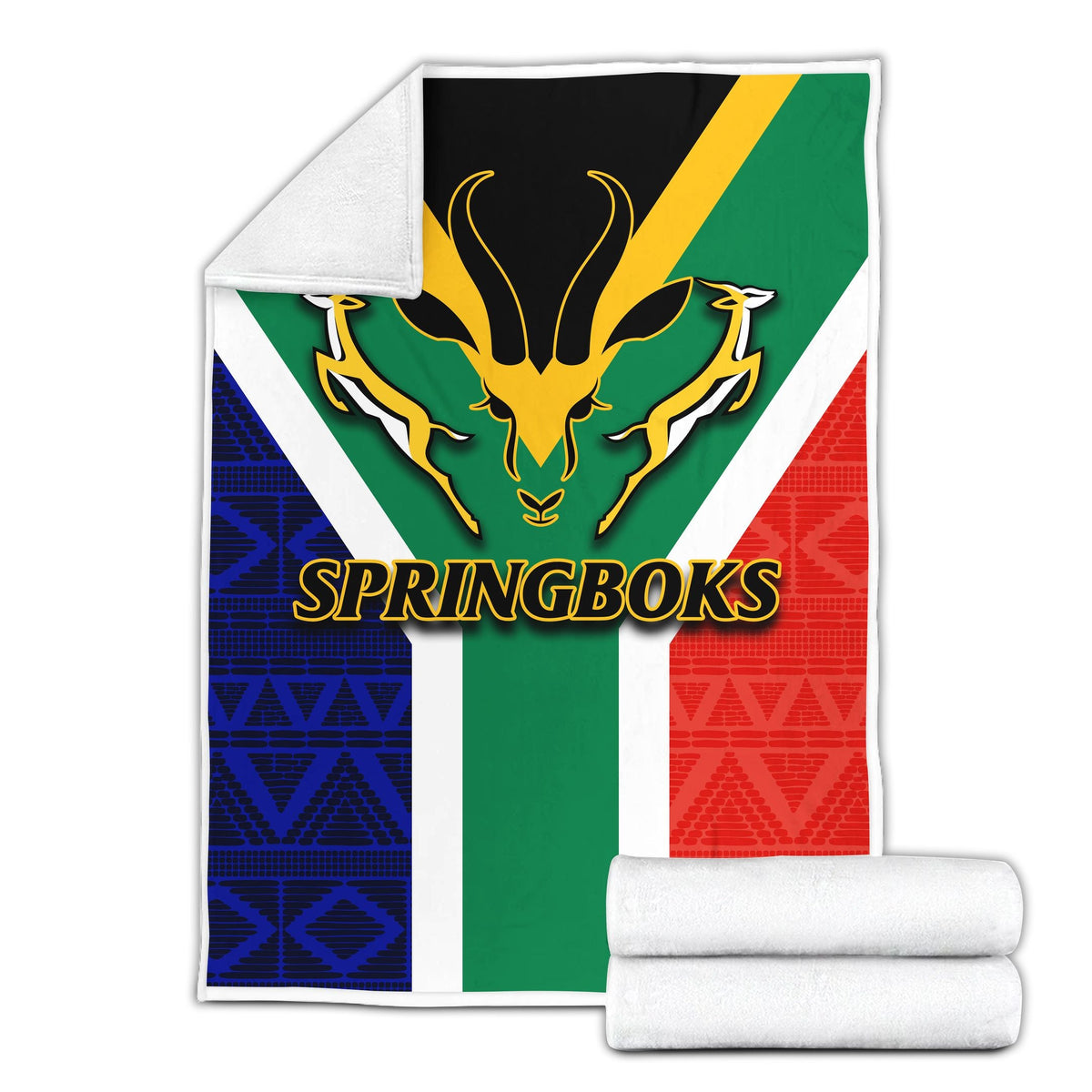 Folded Springboks blanket with antelope emblem, SPRINGBOKS logo, green/blue/red/white