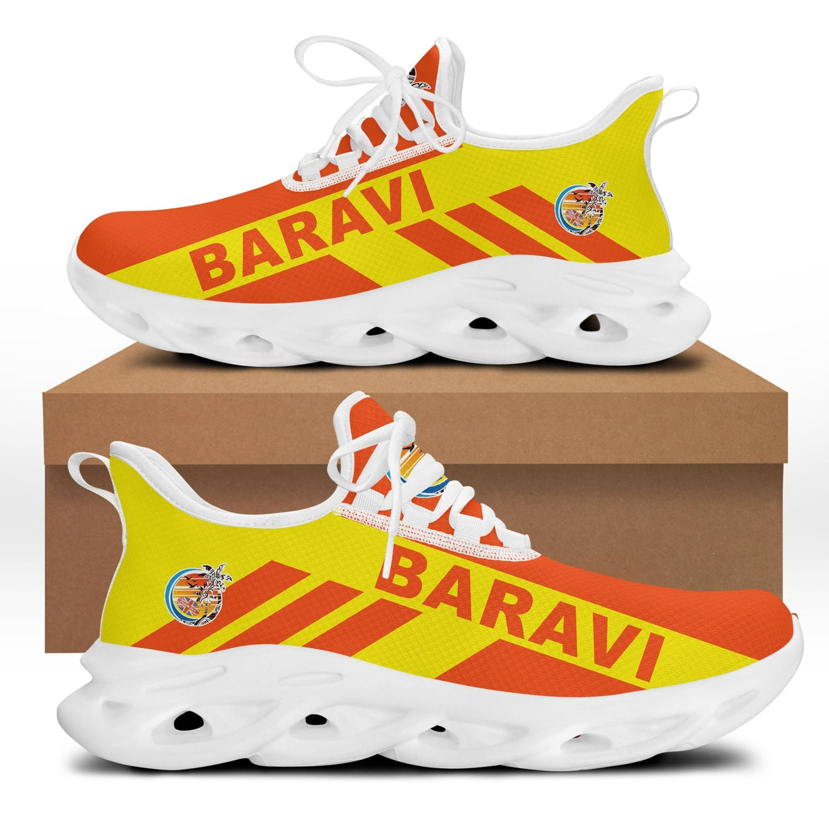 Clunky sneakers with Baravi flag graphic, white upper, orange/yellow, white sole