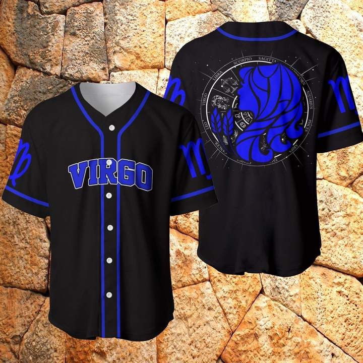 Black Virgo zodiac baseball jersey with blue trim; front “VIRGO” and button placket