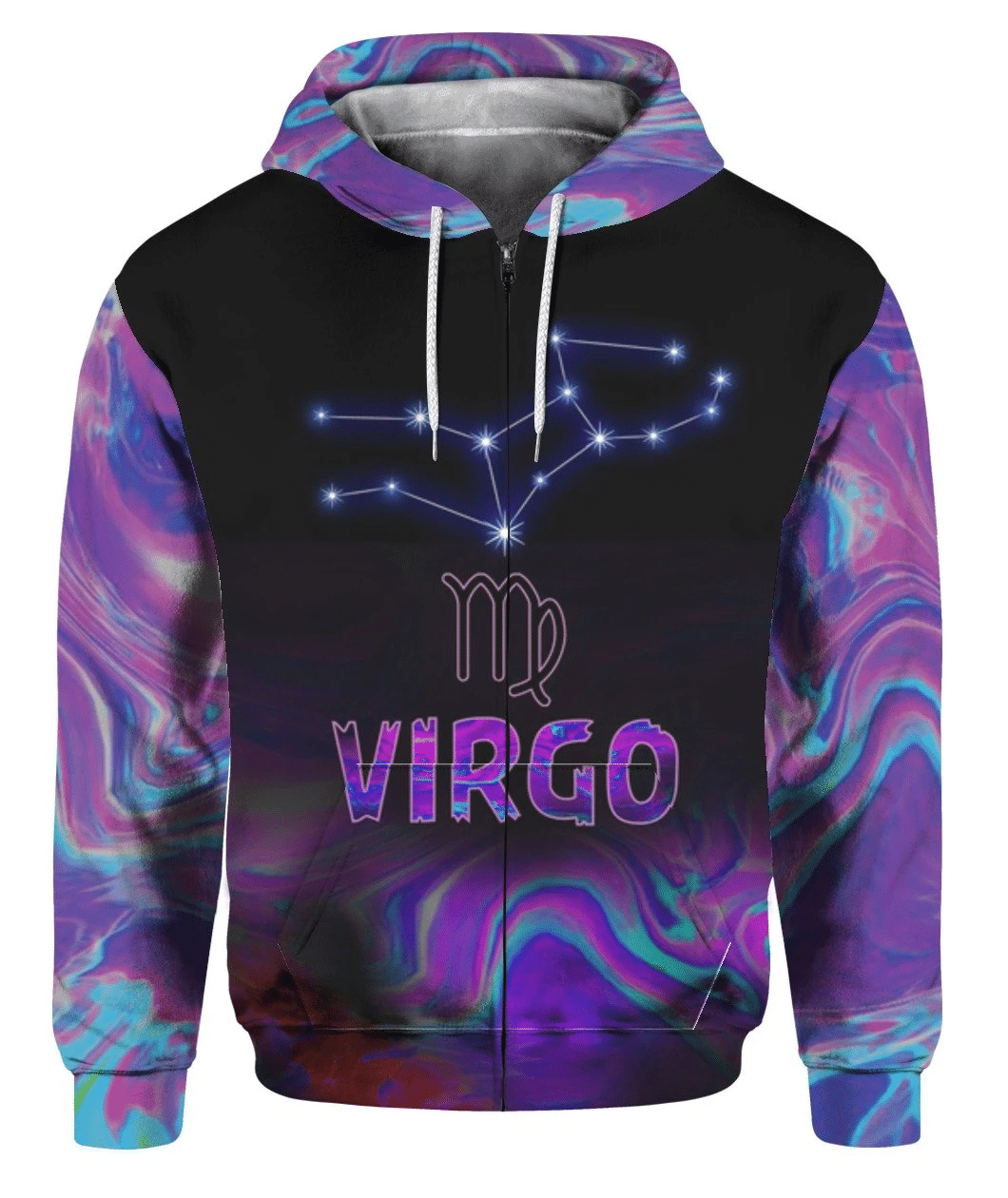 Purple galaxy zip hoodie with Virgo zodiac star graphic and front zipper
