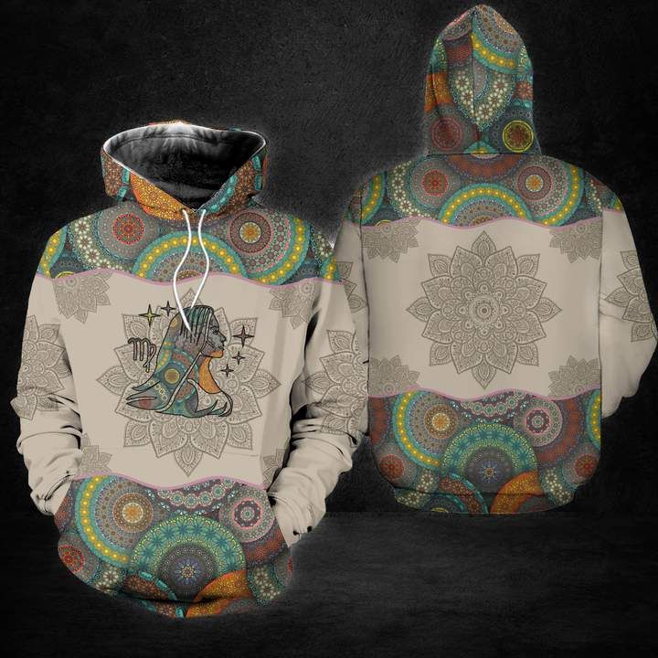 White pullover hoodie with Virgo mandala graphic, hood and drawstring
