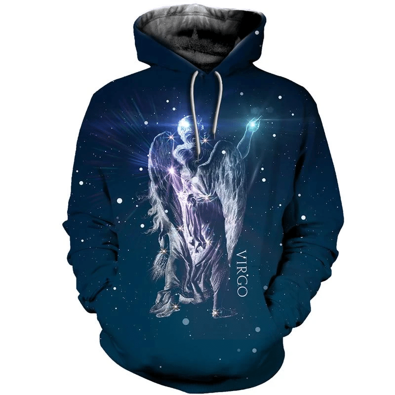 Blue Virgo zodiac pullover hoodie with large white angel graphic on front