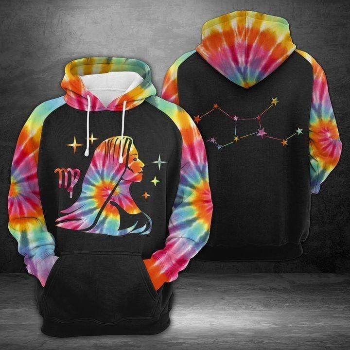 Black pullover hoodie with rainbow tie-dye sleeves and Virgo constellation graphic on chest
