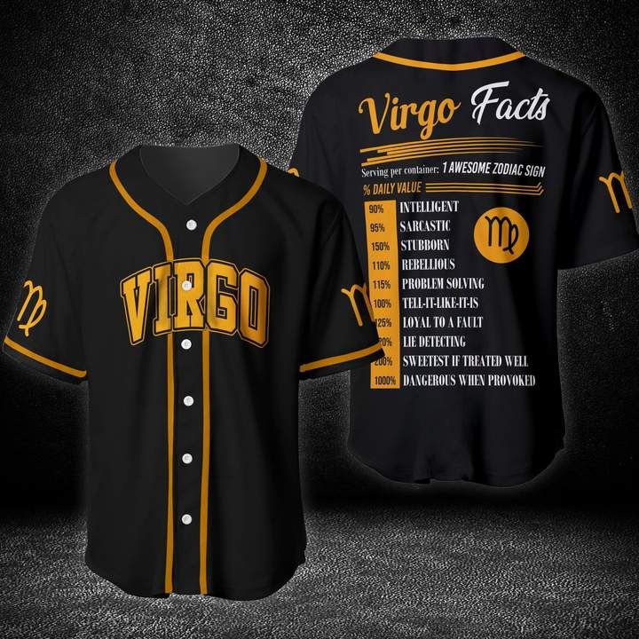 Black baseball jersey with yellow trim, Virgo Fact text and astrological chart graphic on back.