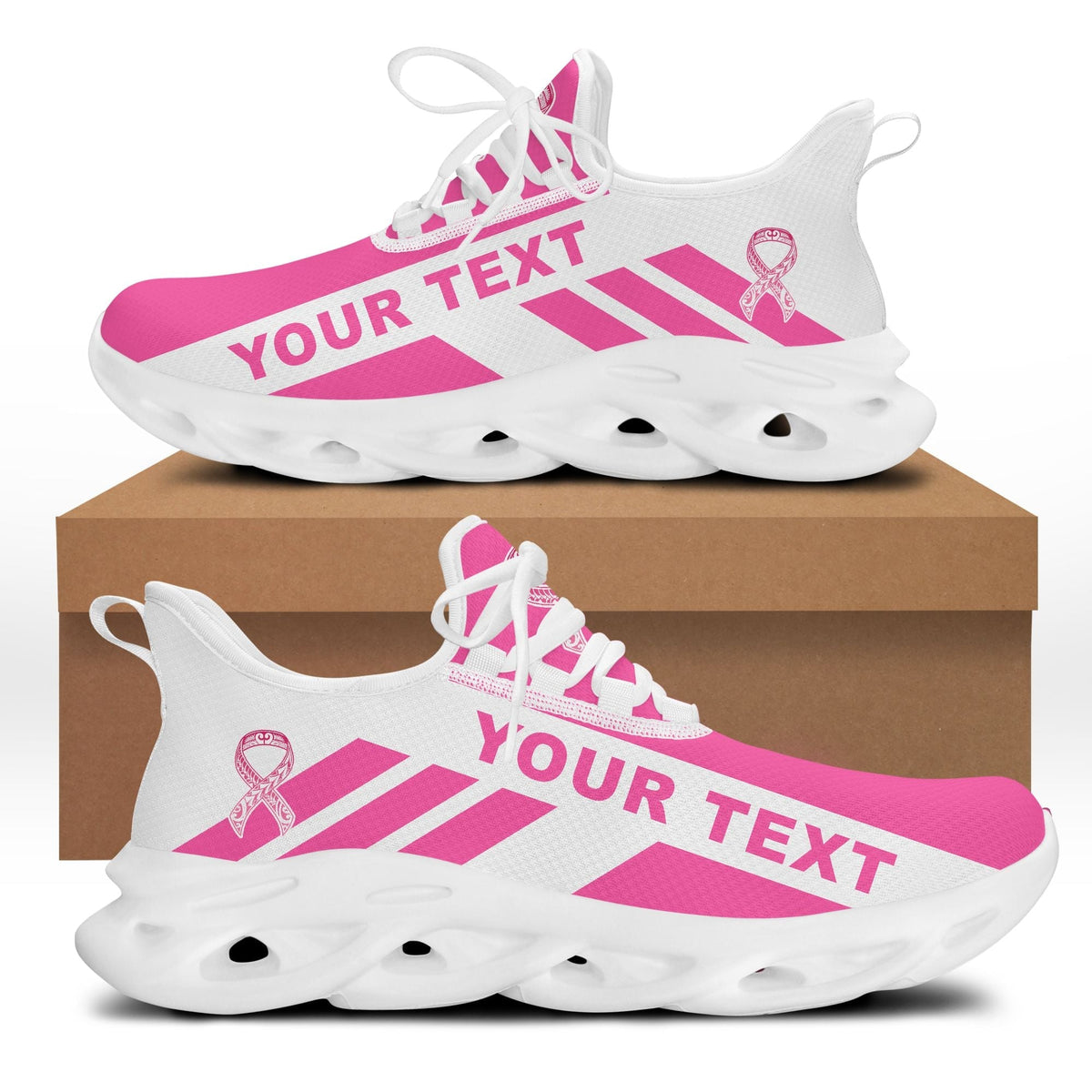 Pink and white clunky sneakers with "Your Text" print and white lace-up design, white sole