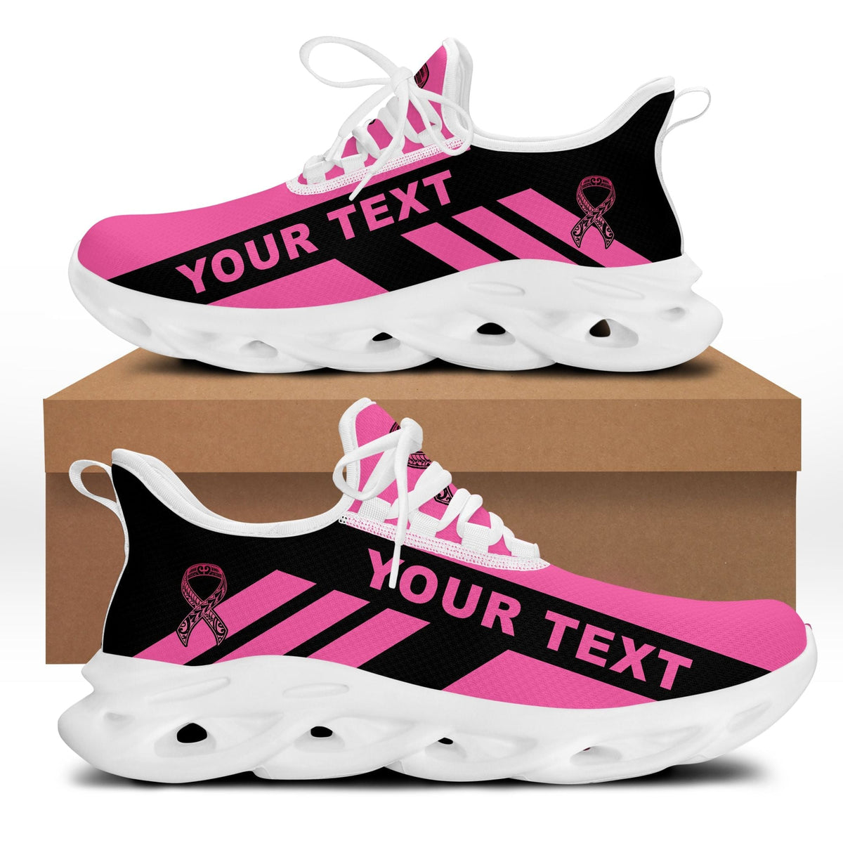 Black and pink clunky sport sneakers with white laces and white ridged sole